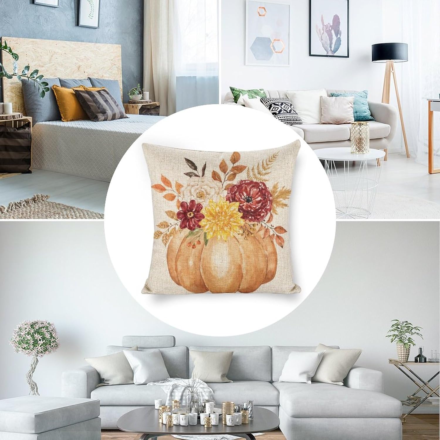 Juego de 2 fundas de almohada de calabaza naranja otoñal de 18 x 18 pulgadas, juego de 2 fundas de almohada cuadradas decorativas de lino con flores