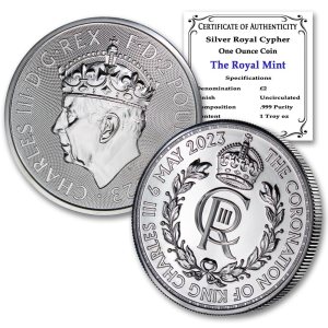 2023 1 oz British Silver Royal Cypher Coronation of King Charles III Coin by the Royal Mint Brilliant Uncirculated with Certificate of Authenticity 2023 1 oz British Silver Royal Cypher Coronation of King Charles III Coin by the Royal Mint Brilliant Uncirculated with Certificate of Authenticity
