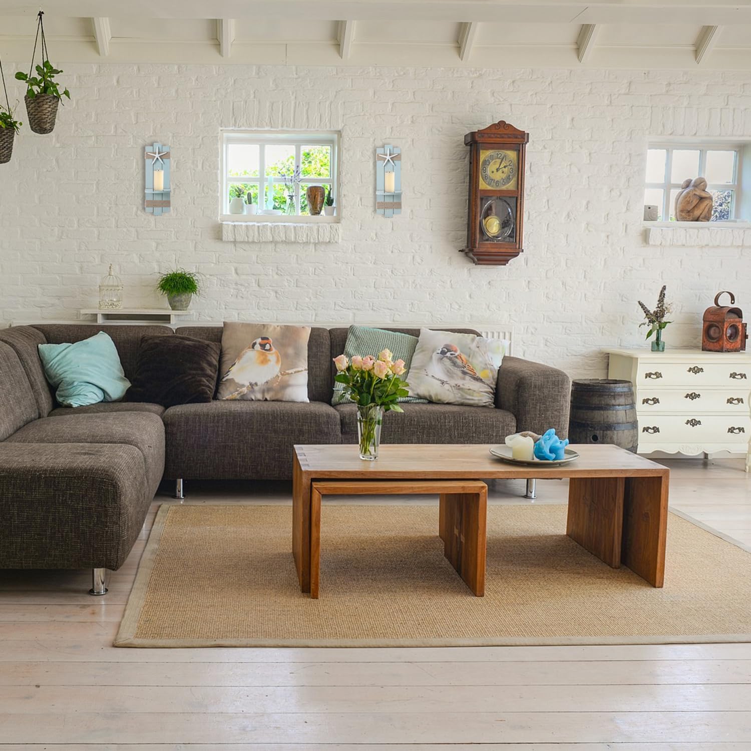 SOMTO Juego de 2 candelabros de pared con diseño de estrella de mar de playa, decoración de pared con temática náutica, portavelas de pared,