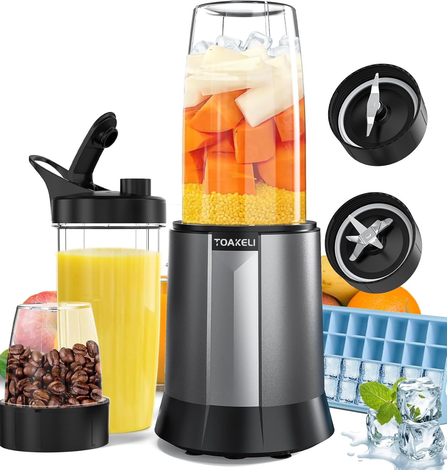 Licuadora de batidos de 1300 W, licuadora personal para batidos y batidos con bandeja de hielo, 2 tazas para llevar, sin BPA (gris)