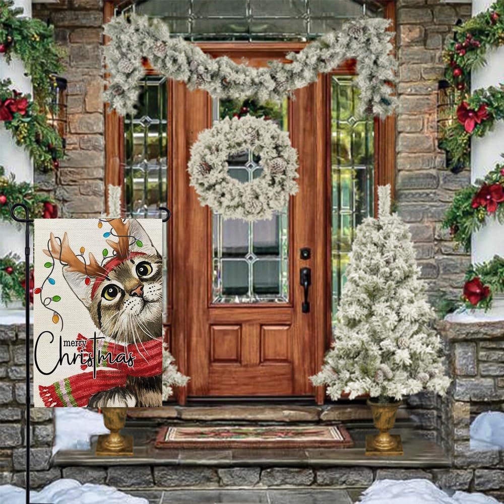 RABUSOFA Bandera de jardín de gato de Navidad de 12 x 18 pulgadas, doble cara para exteriores, decoración de Navidad de gato de invierno para