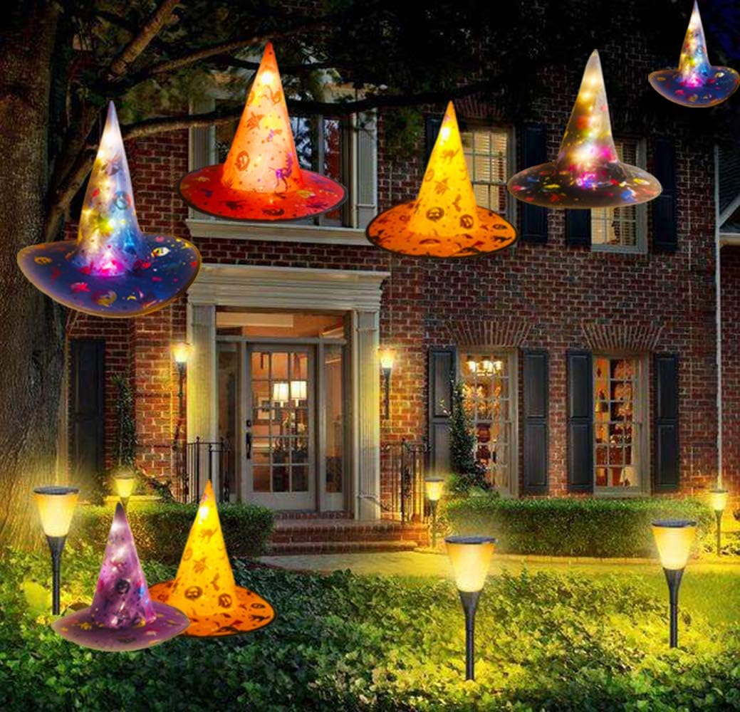Decoraciones de Halloween sombreros de bruja con luz LED, 8 sombreros de bruja colgantes brillantes LED de Halloween al aire libre, guirnalda de