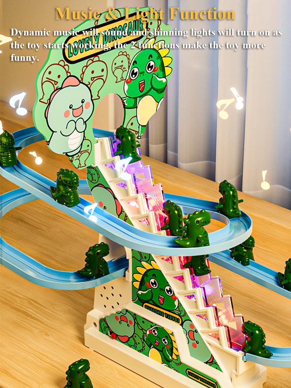 Juego de juguetes de diapositivas de dinosaurio, divertido juguete de dinosaurio escalera mecánica de dinosaurio automático para subir escaleras