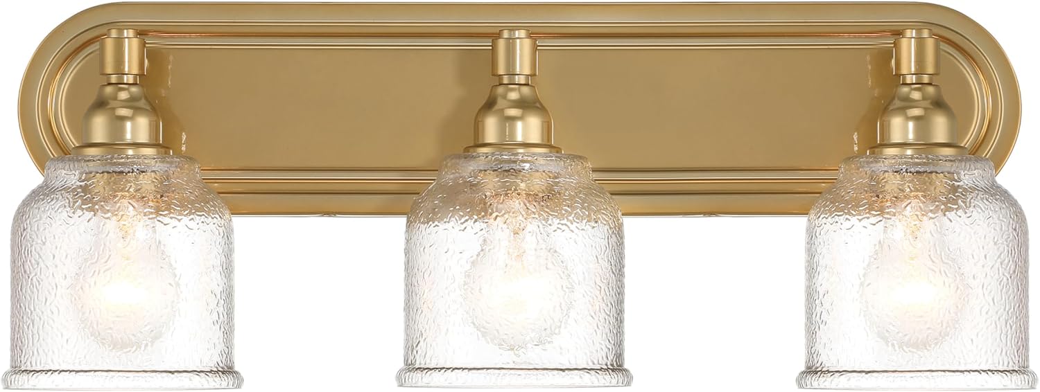 Robert Stevenson Lighting Clara – Lámpara de tocador de 3 luces de metal vintage y vidrio envejecido envejecido, oro cepillado