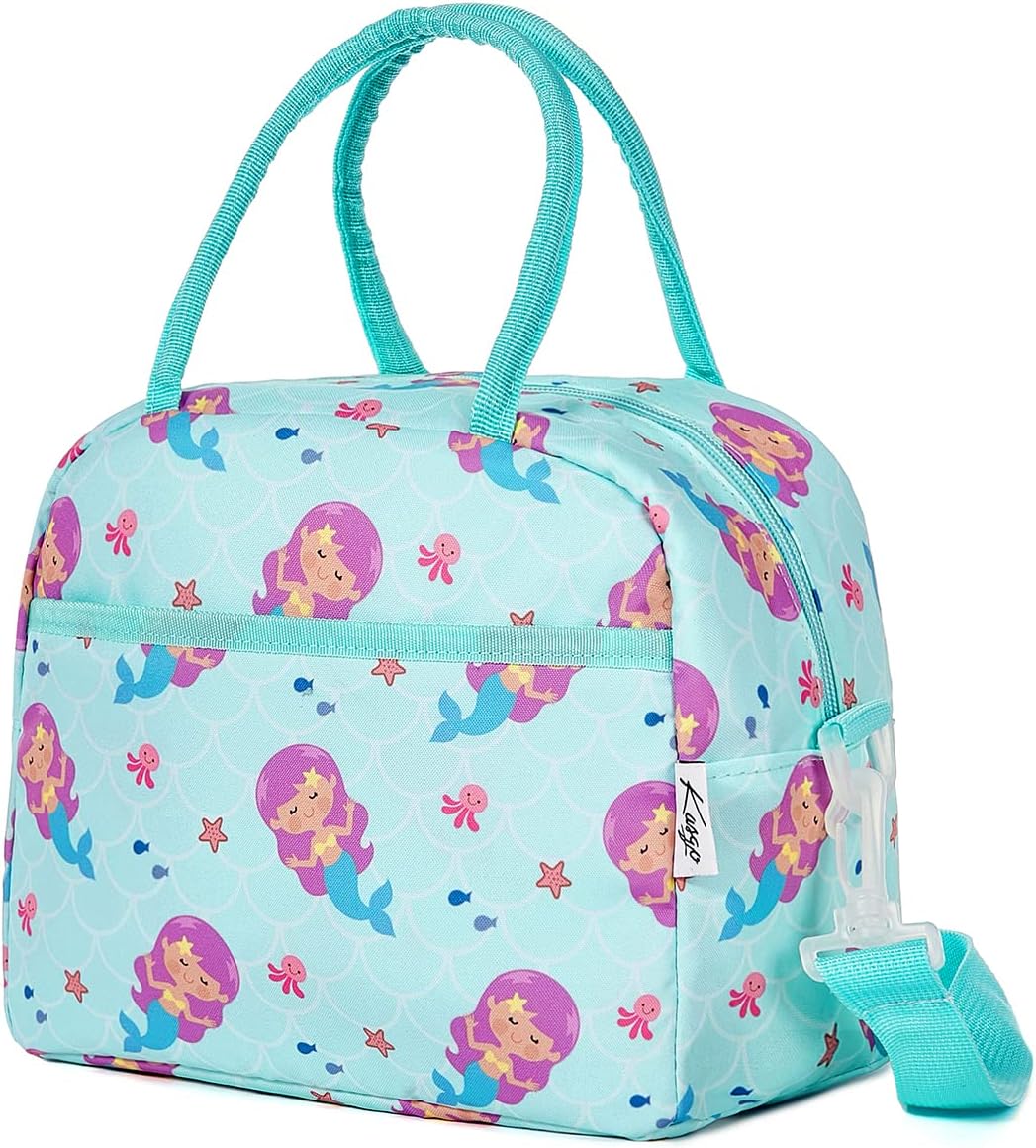 Kasqo Lonchera para niños, bolsa térmica aislada para niñas pequeñas con correa de hombro frontal y bolsillo, sirena
