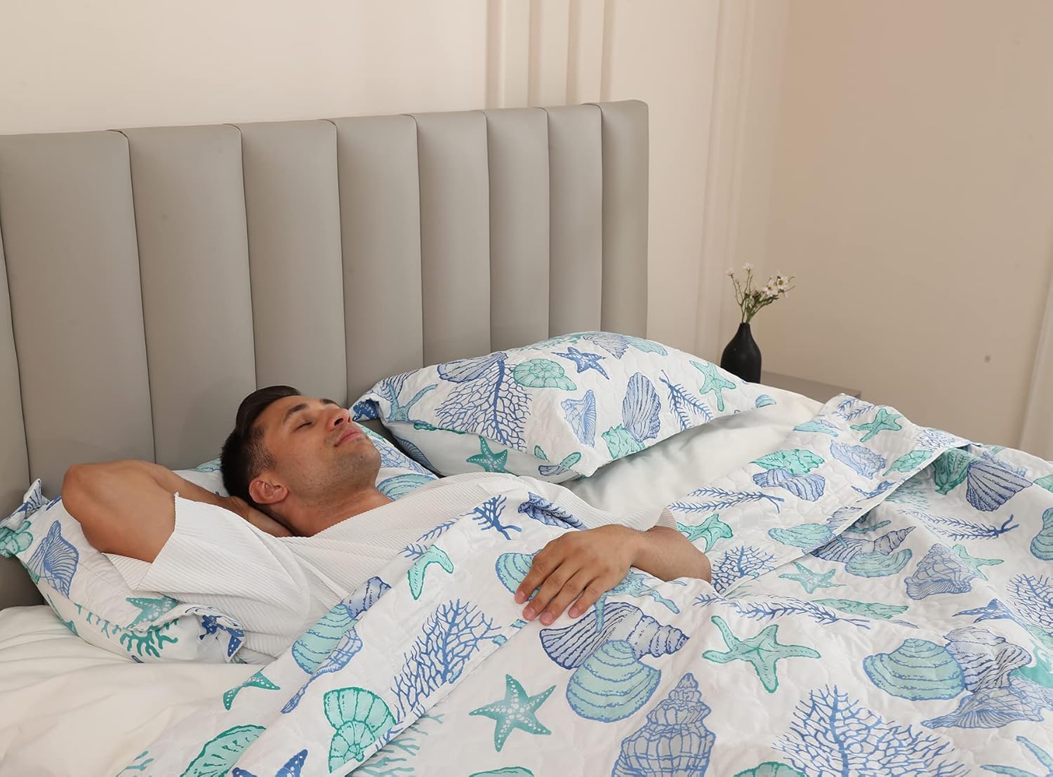 Ycosy Juego de edredón de playa costera de 3 piezas, tamaño matrimonialqueen, juego de ropa de cama con temática oceánica, color azul y verde,