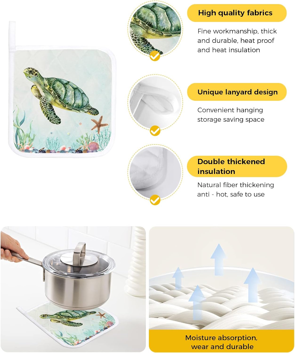 Juego de 2 soportes para ollas, diseño de tortugas marinas, corales, estrellas de mar y estrellas de mar, para cocina, almohadillas calientes a