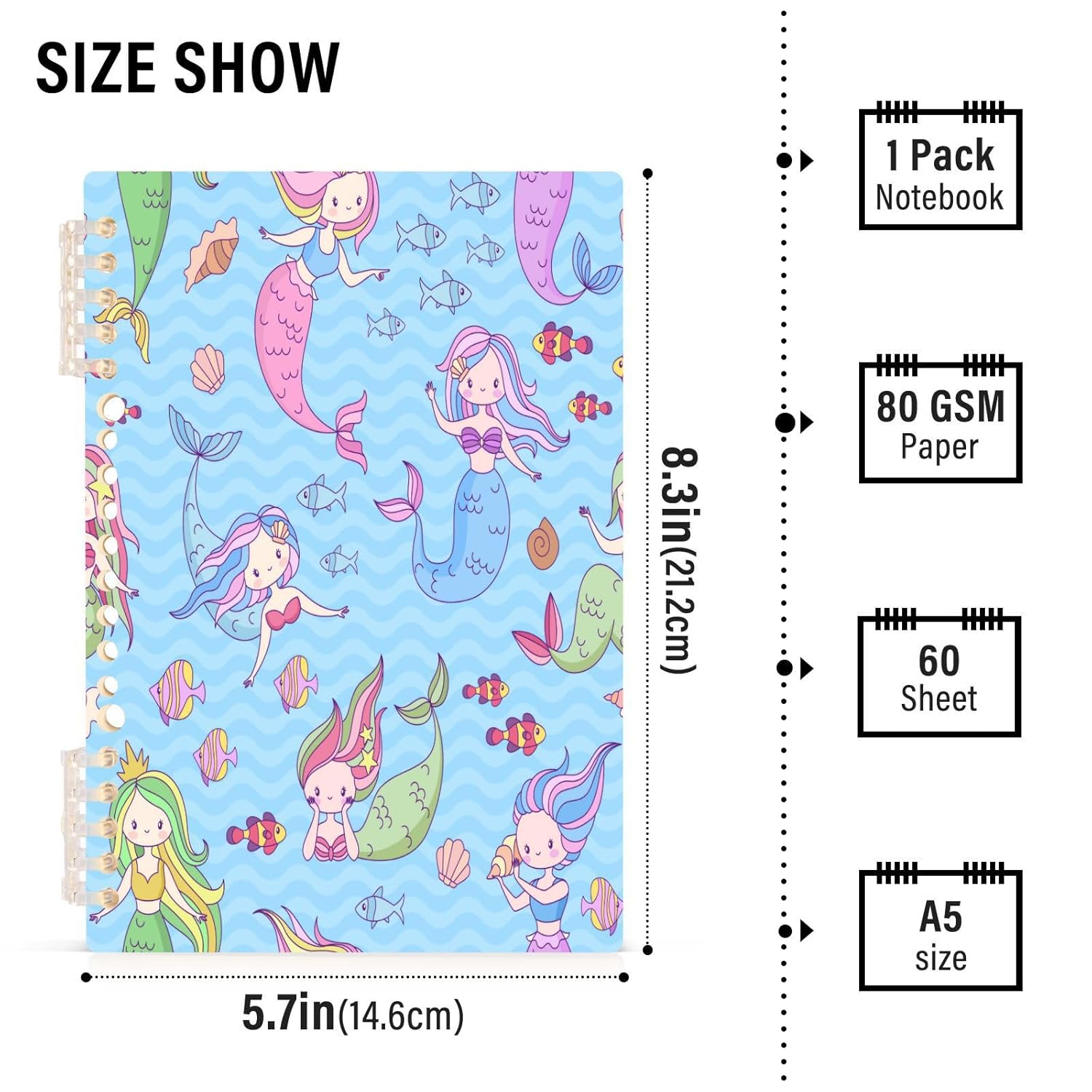 Kigai Cute Mermaid Girl Spiral Notebook 1-Pack with Repositionable Dividers-College Ruled Paper, Fights Ink Bleed – 60 Pages of 80GSM Paper with