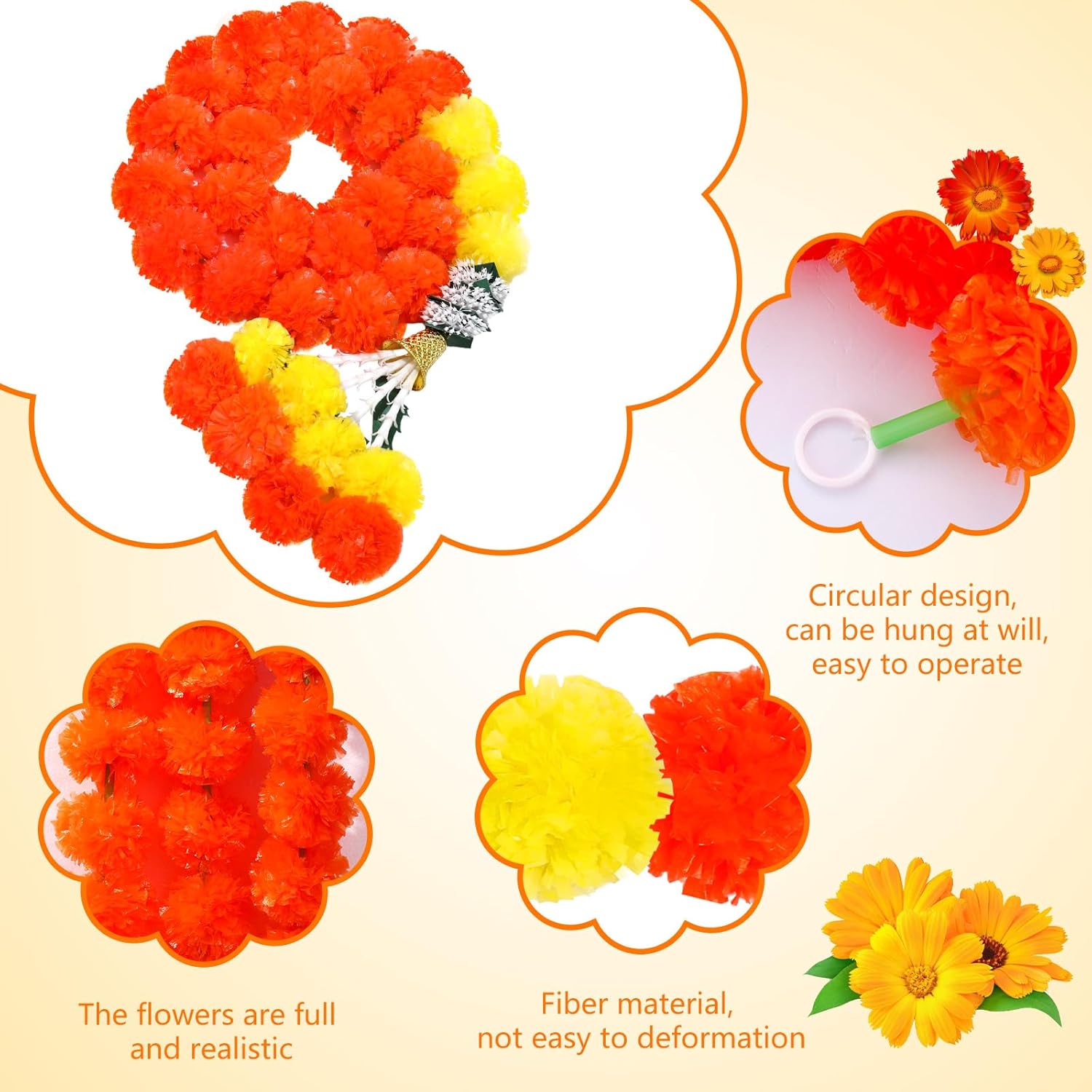 5 guirnaldas de caléndula para decoración de flores artificiales de caléndula de 5 pies de largo, decoración tradicional india, guirnaldas largas