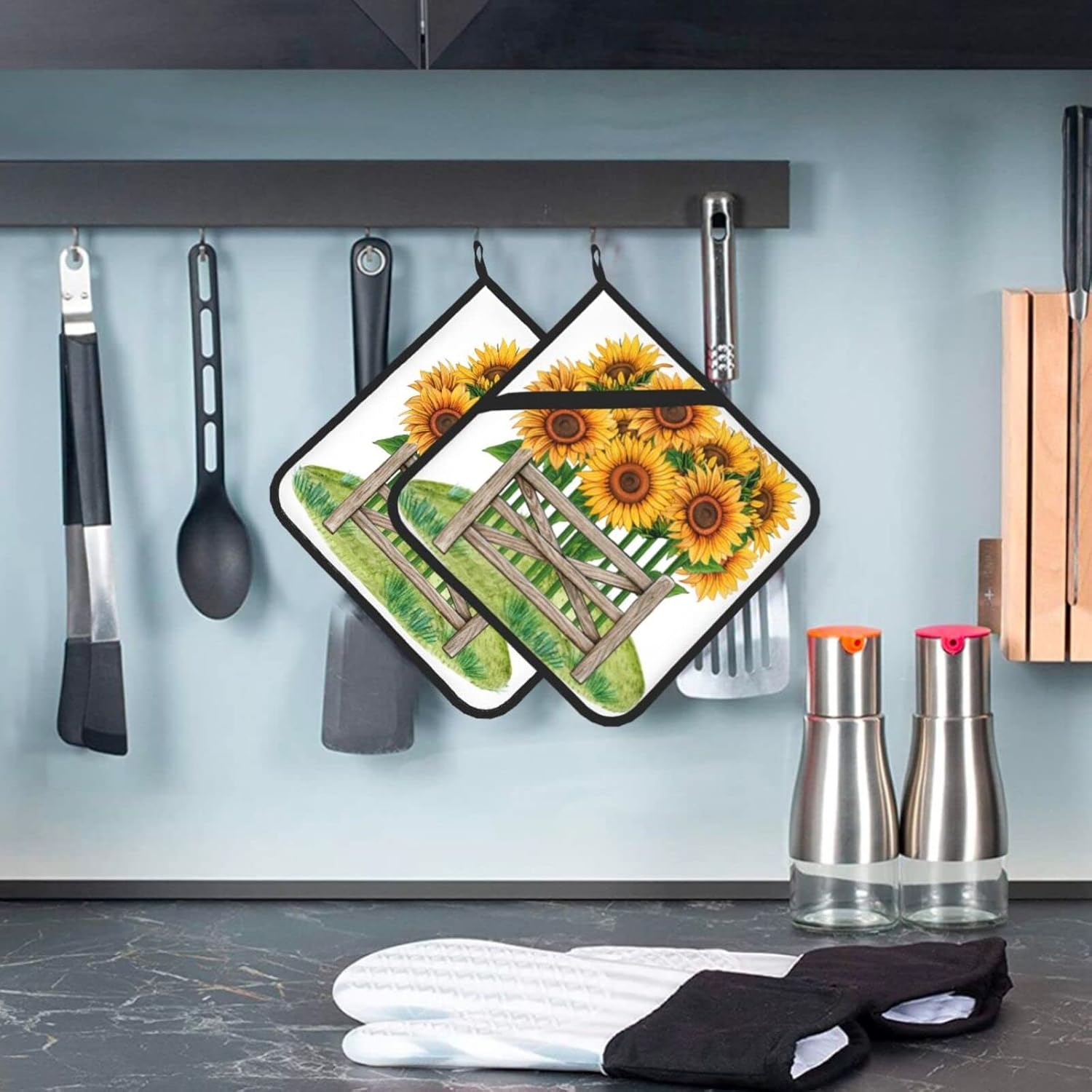 Agarraderas básicas de girasol para cocina, uso diario, con flores de otoño, resistentes al calor, para cocinar, hornear, barbacoa, paquete de 2, 8