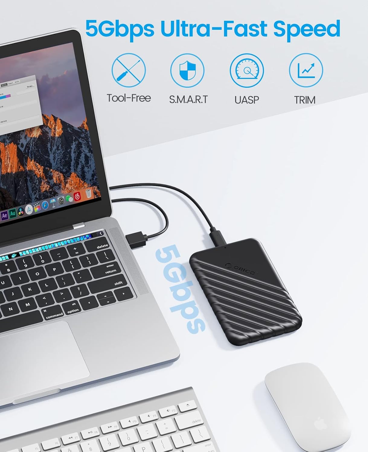 ORICO Caja de disco duro de 2.5 pulgadas USB 3.0 a SATA 5Gbps para 0.276-0.374 in SSD HDD Caja de disco duro externo compatible con UASP Trim Tool