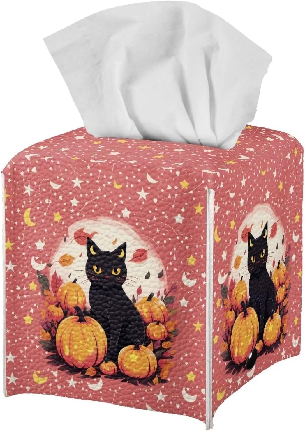 Caja de pañuelos con estampado de calabaza y gato, caja de pañuelos cuadrada con cinturón inferior, diseño de luna y estrella, dispensador de papel