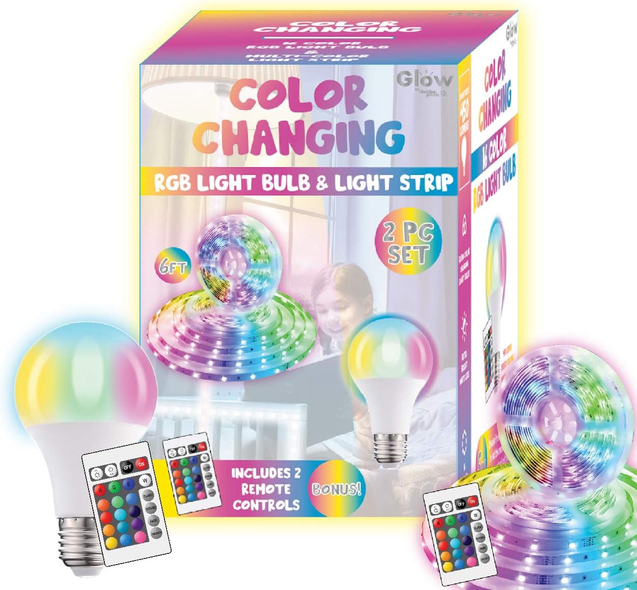 Gabba Goods Bombilla LED RGB que cambia de color y tira de luz LED RGB multicolor de 6 pies de largo, paquete de 2