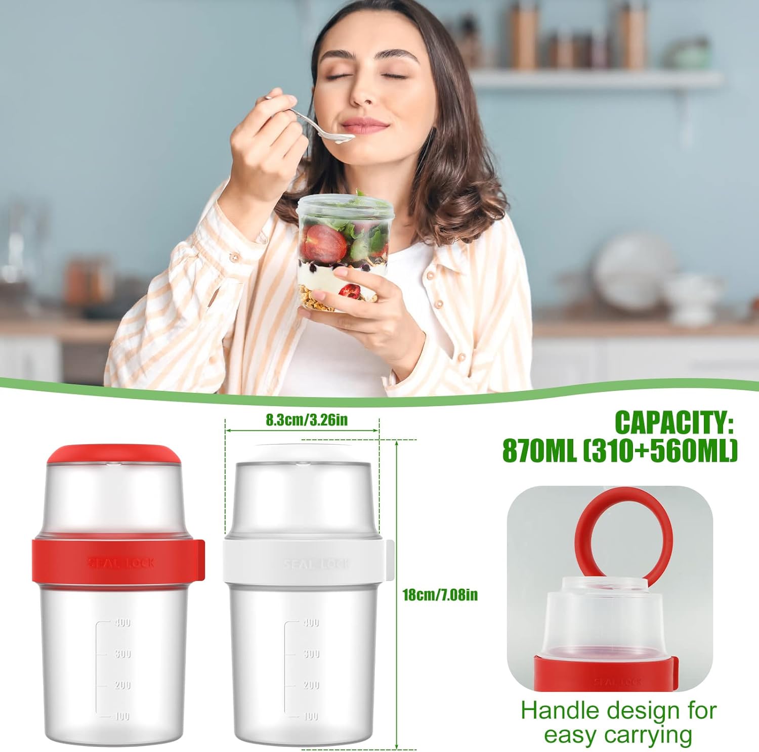 2 tazas de desayuno sobre la marcha, recipiente de avena durante la noche de 29 onzas, tarros de avena de doble capa para la noche, recipiente de