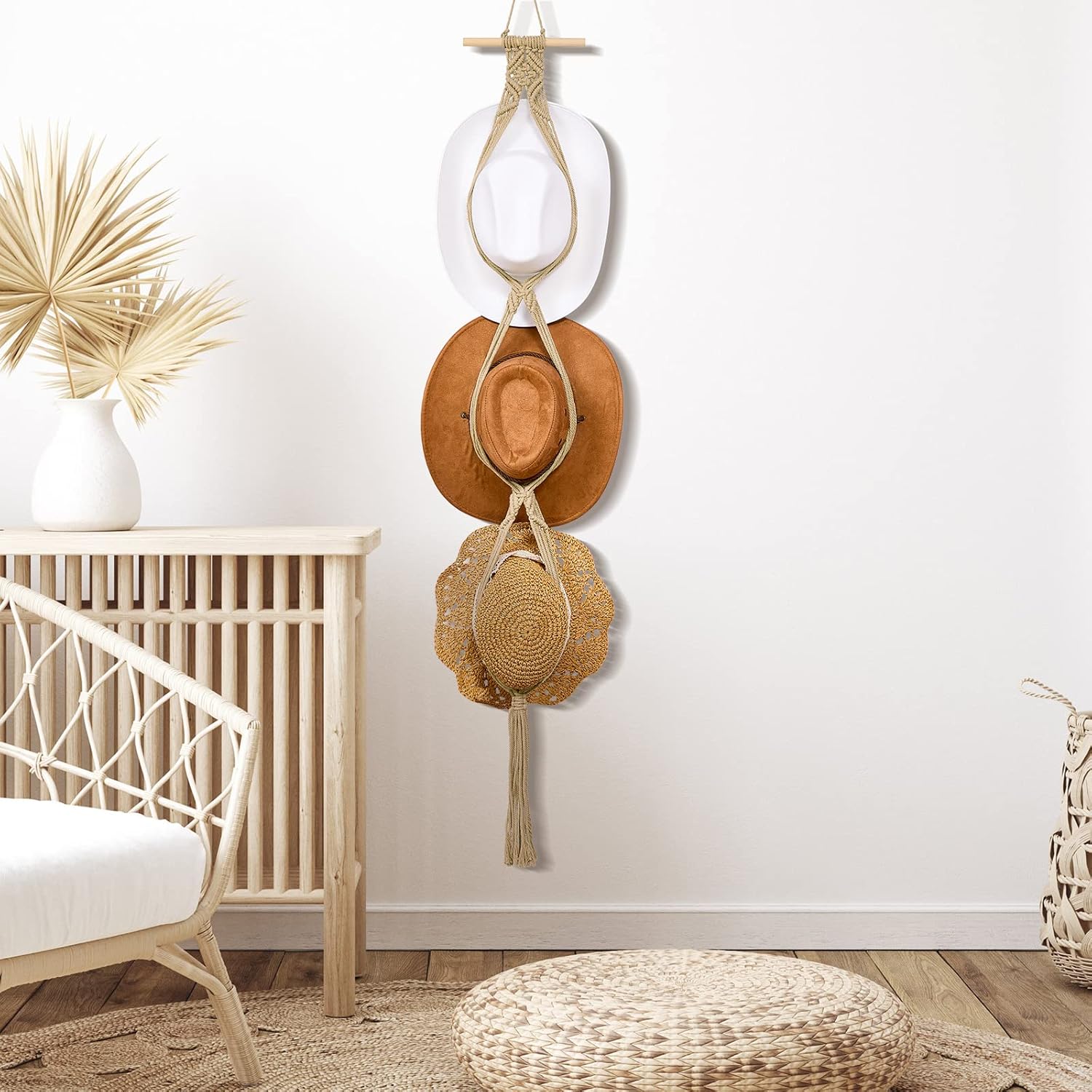 Perchas de macramé para sombreros, estilo bohemio, para colgar sombreros de vaquero, organizador para la parte trasera de la puerta (beige, estilo