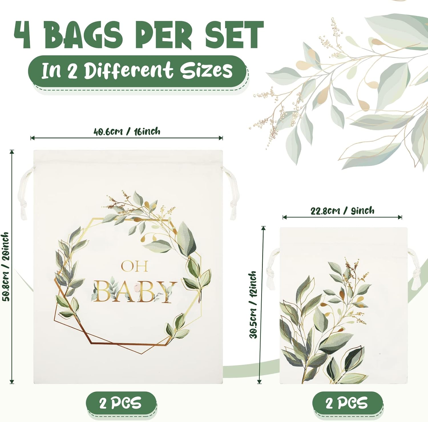 Tudomro 4 bolsas de regalo grandes con cordón para baby shower, bolsas de regalo de lona con estampado de vegetación, bolsas de regalo de