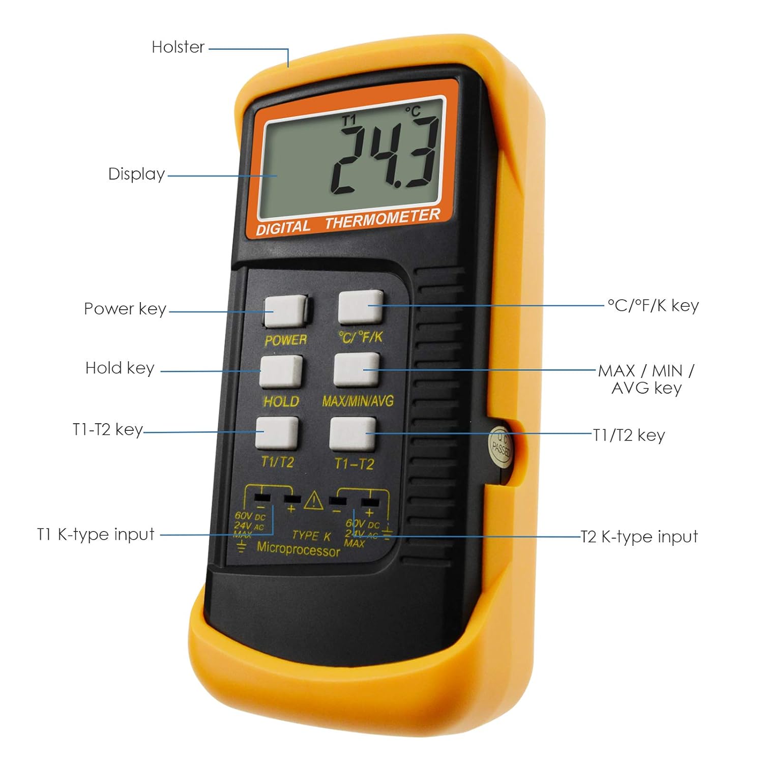 Termómetro digital tipo K de 2 canales 2 termopares -50  2,372.0 F (-58  2372 F) Sensor de medición dual de escala Kelvin de alta temperatura