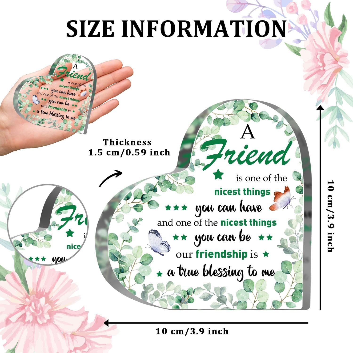 Placa acrílica con texto en inglés “Friendship Blessing to Me”, con cita de agradecimiento, regalos de agradecimiento para amiga, mujer, eucalipto,