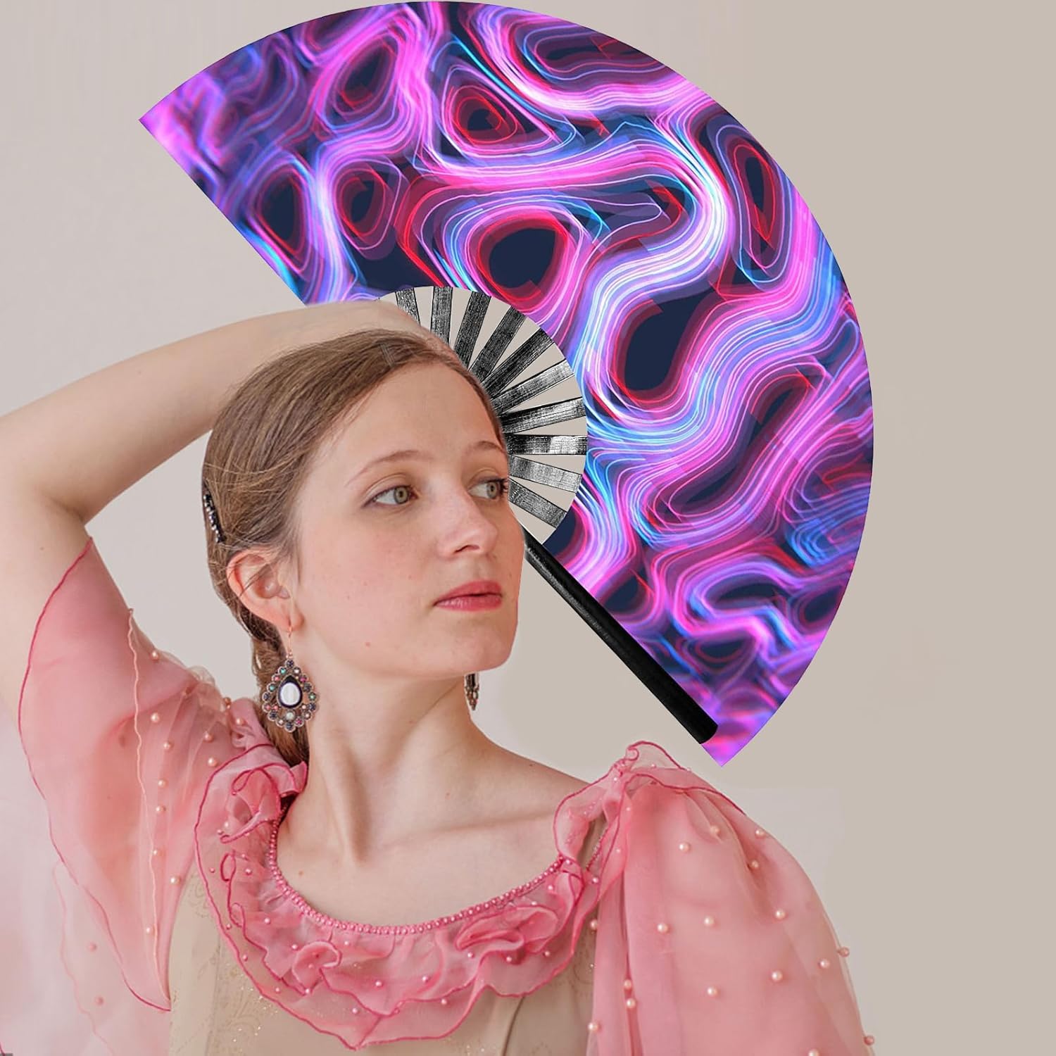 Ventilador de mano plegable grande con brillo UV para mujeres, ventilador plegable de bambú para rave, ventilador de mano plegable para hombres y