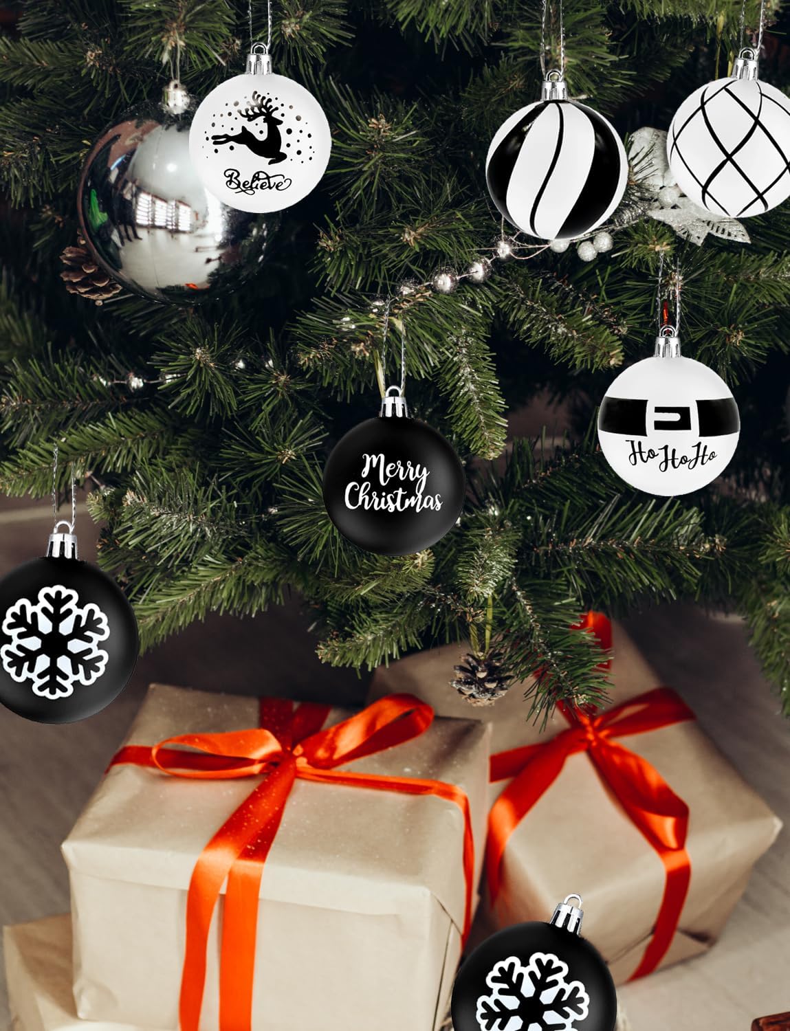12 bolas de invierno de copos de nieve en blanco y negro, bolas colgantes de Feliz Navidad, HOHOHO, vacaciones, reno, granja, adornos de Navidad,