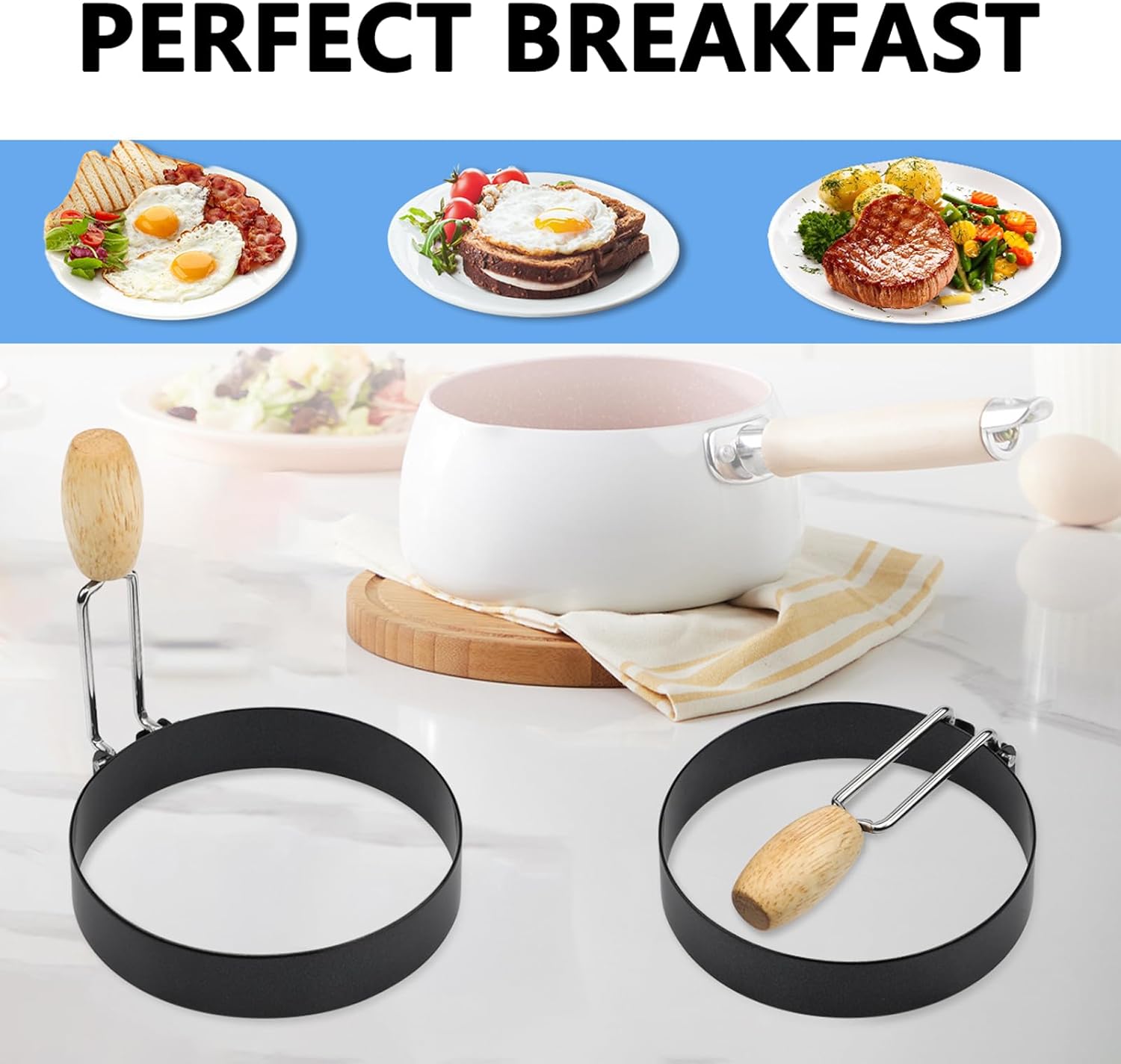Anillos de huevo para freír huevos, 4 unidades, antiadherentes, tortilla y panqueques para plancha con mango de madera (juego de 4)