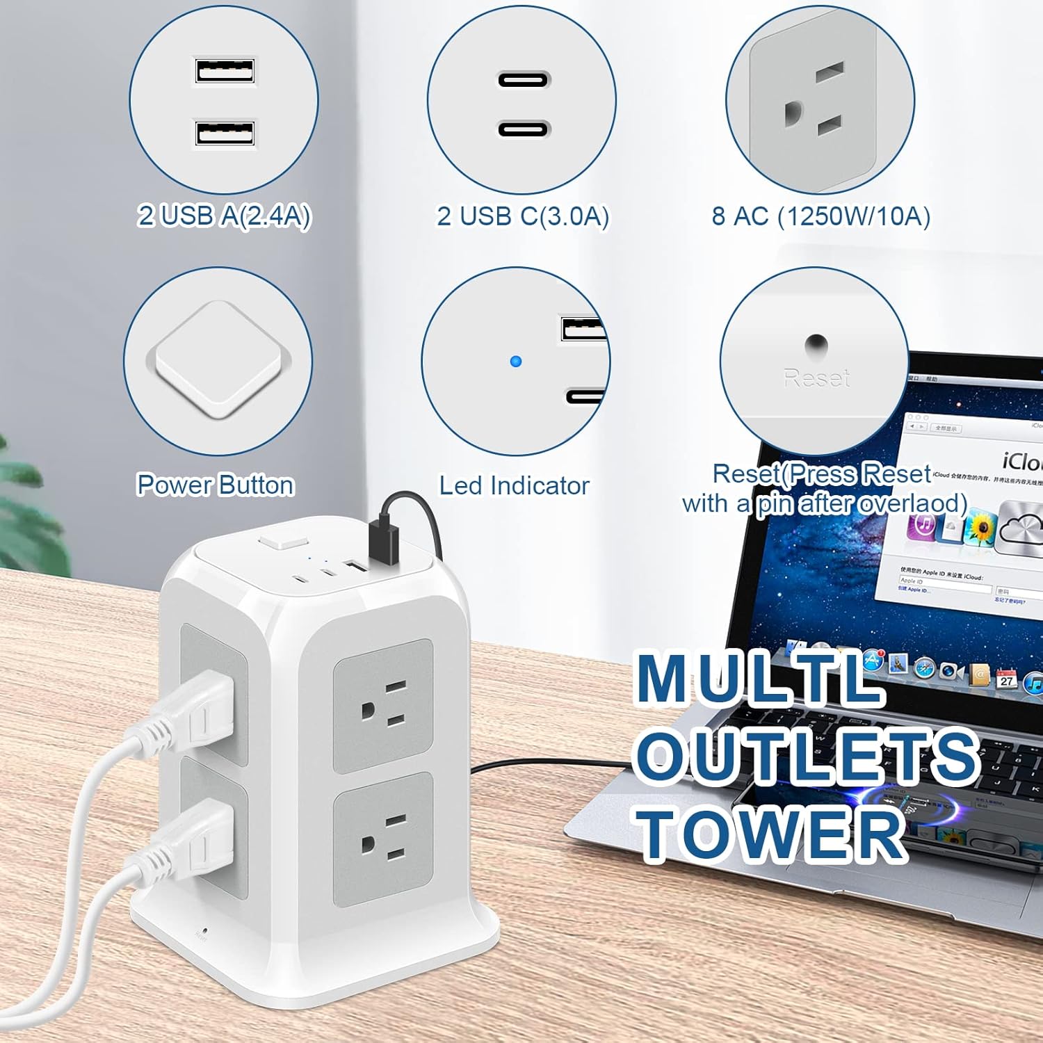 ODOM Torre de regleta USB C con 8 tomas de corriente + 4 puertos USB (2 USB C) + cable de extensión de 6 pies, protector de sobretensiones múltiples