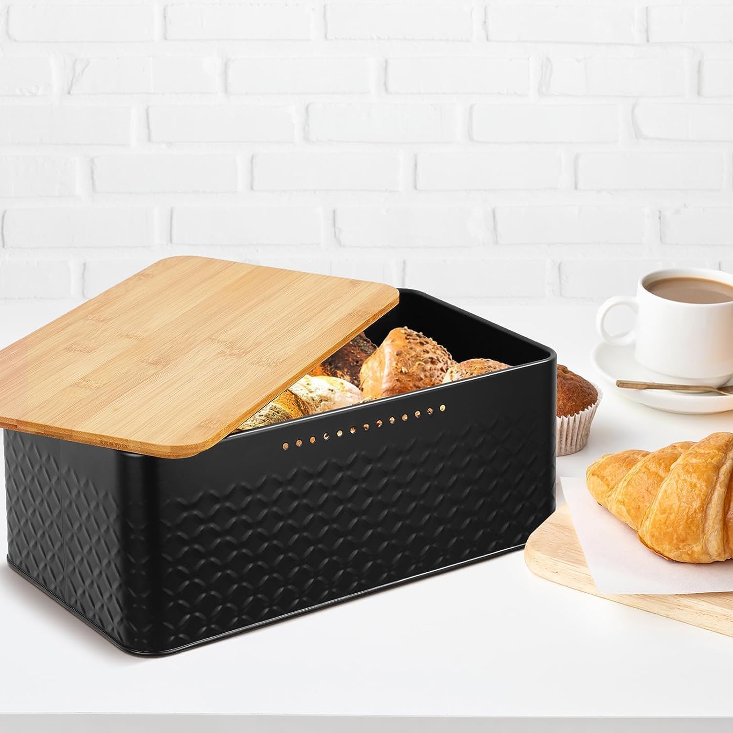 Widousy Panera con tapa de bambú, caja de almacenamiento de pan negro, contenedor para pan para organizador de almacenamiento de encimera de cocina