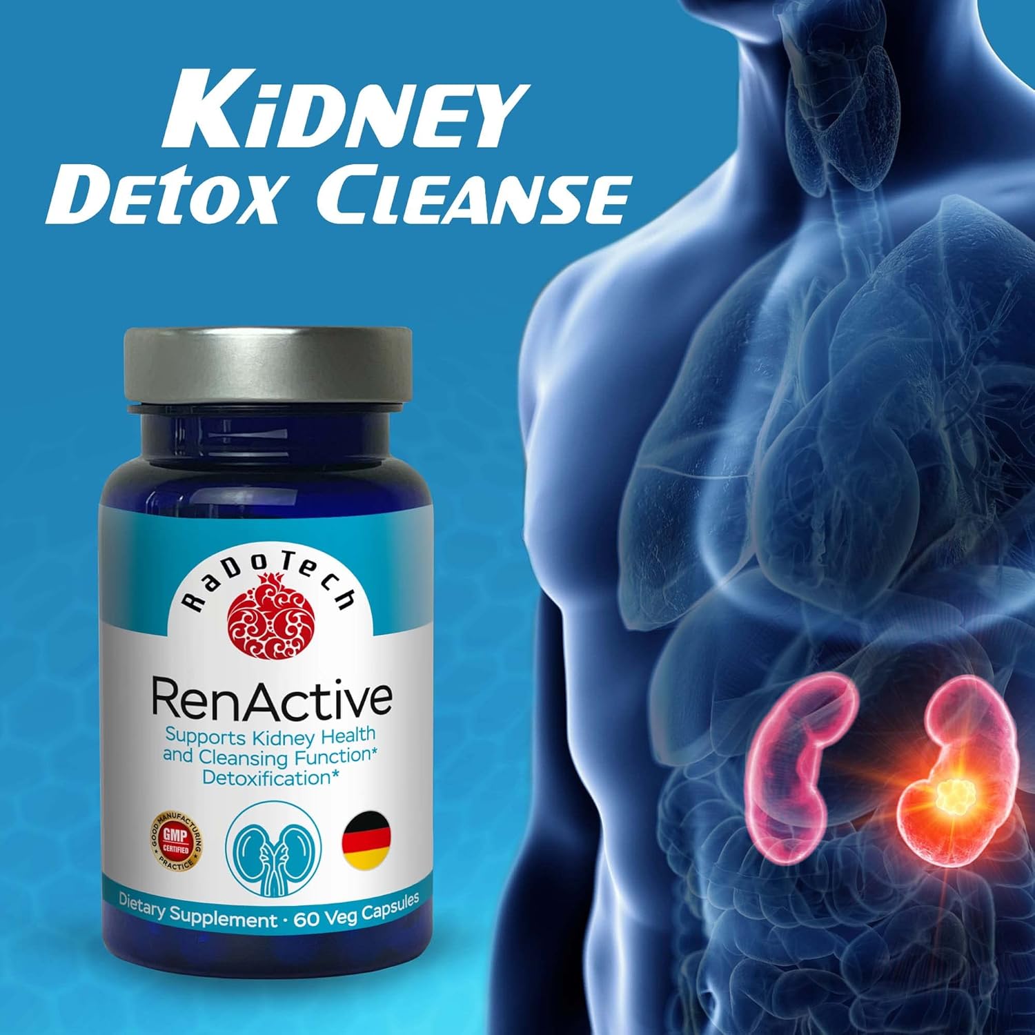 RenActive Renney Detox Cleanse, suplemento de salud renal para limpieza renal totalmente natural, salud intestinal y bienestar general, 60 cápsulas