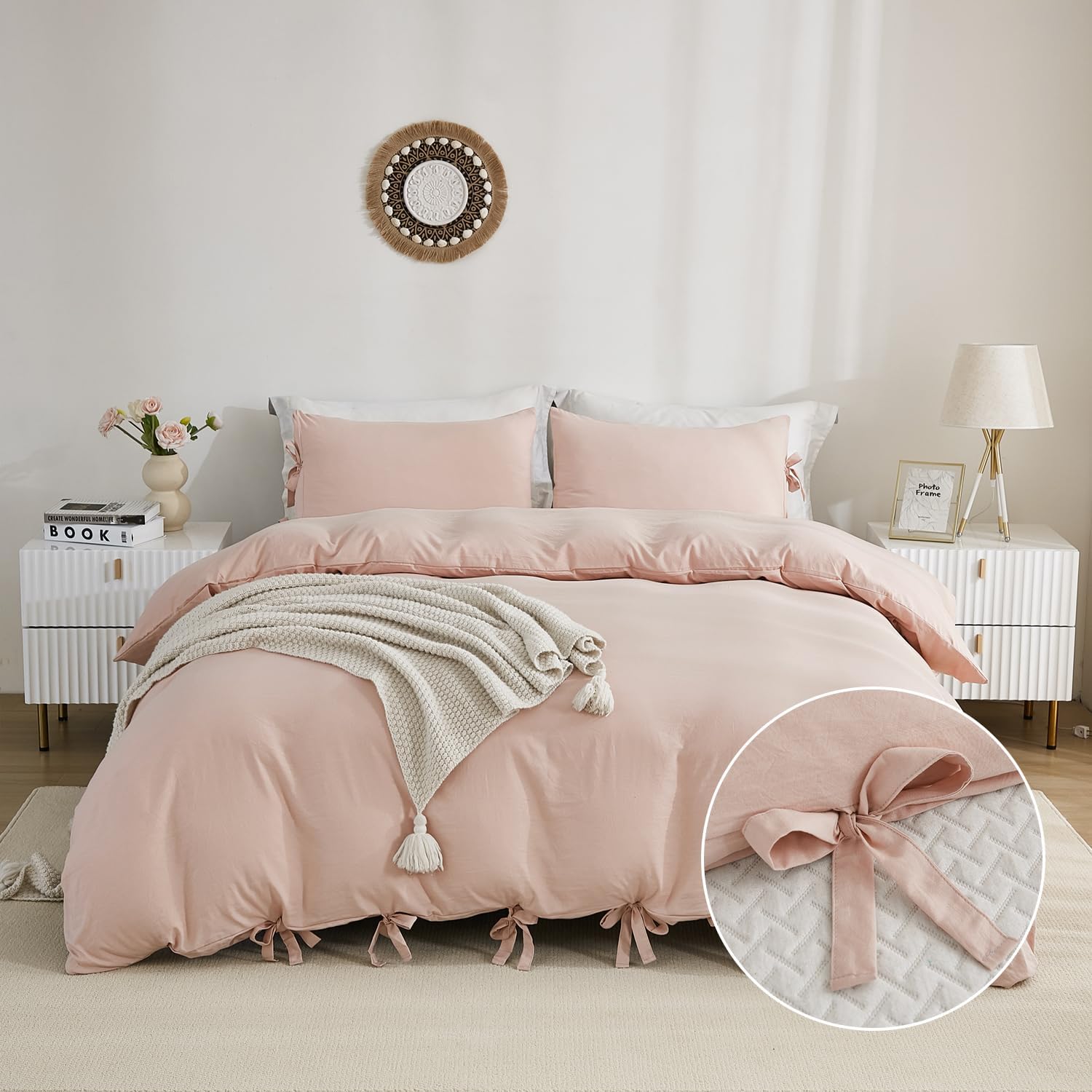annadaif Juego de funda de edredón rosa matrimonial (79 x 90 pulgadas), 3 piezas (2 fundas de almohada, 1 funda de edredón), juego de funda de