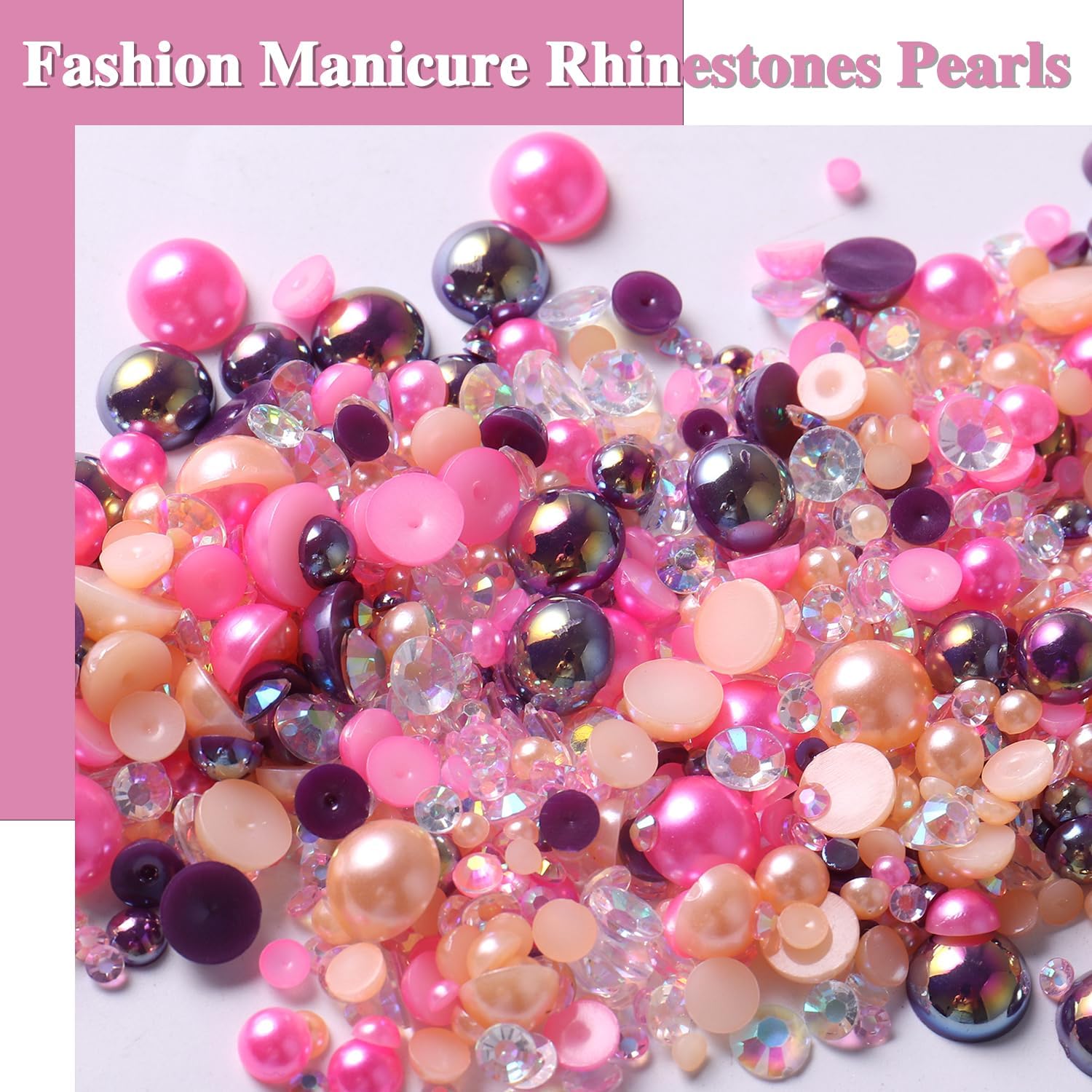 Juego de 2500 piezas de diamantes de imitación de perlas mixtas, perlas semicirculares rosas + diamantes de imitación de parte trasera plana de