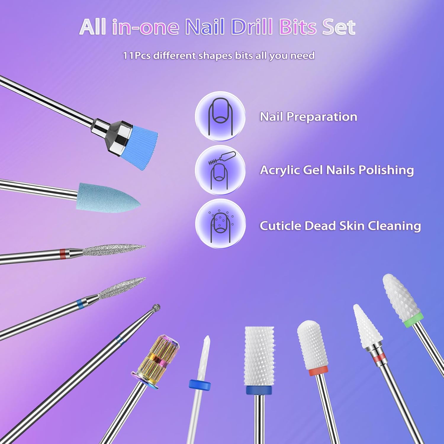 11 brocas de uñas, 332 brocas de cerámica profesionales para uñas con brocas de cutícula y 75 bandas de lijado de uñas (#80#120#180) para uñas de
