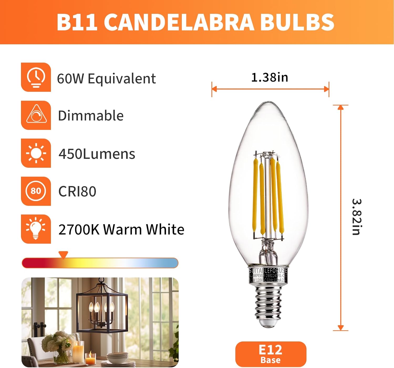 ALAMPEVER Bombillas de candelabro, bombilla de candelabro E12 de 60 vatios, bombilla LED E12 de 2700 K, luz blanca suave, paquete de 24 bombillas de