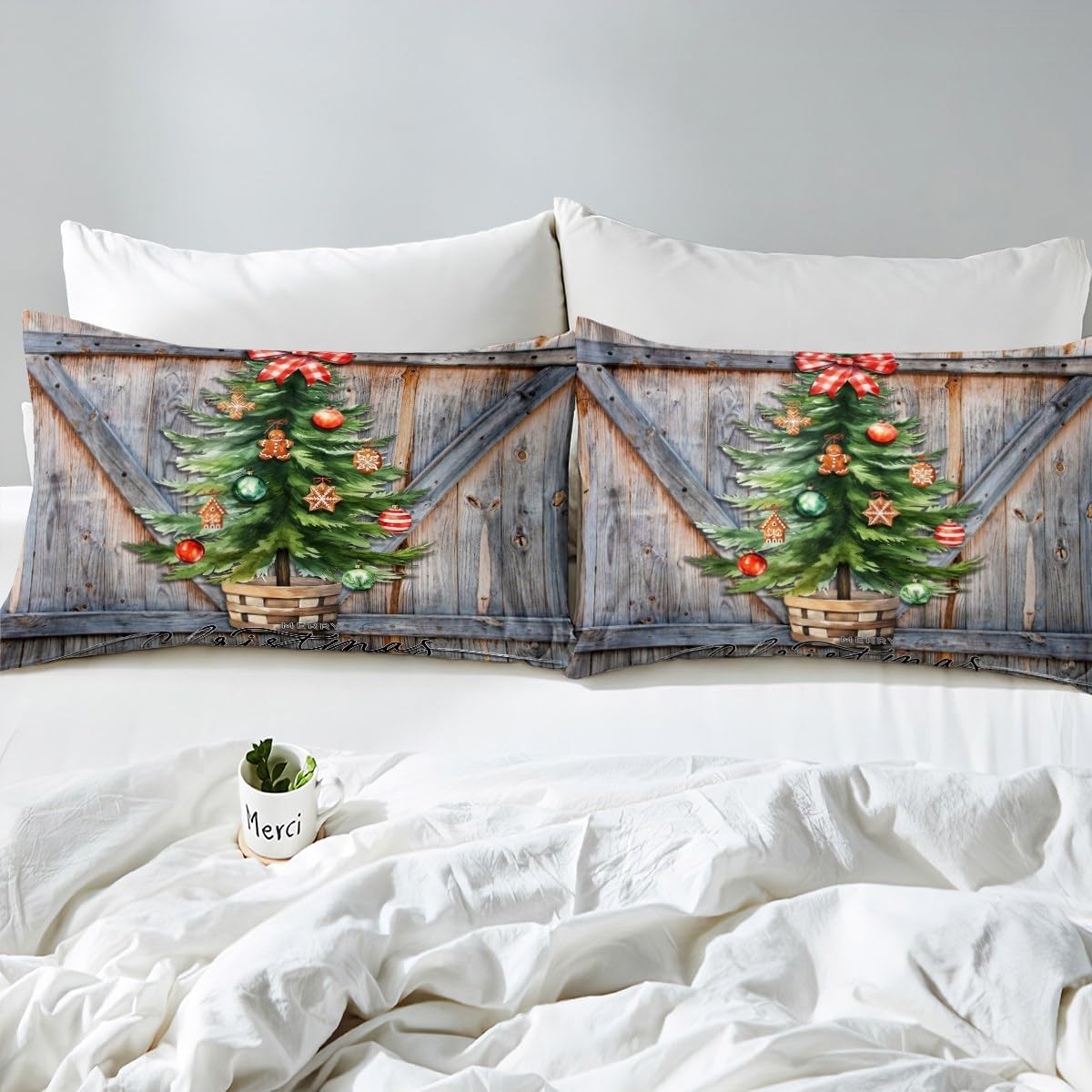 Manfei Juego de funda de edredón para niños con árboles de Navidad, tamaño King, juego de ropa de cama rústica con puerta de madera estilo granero,