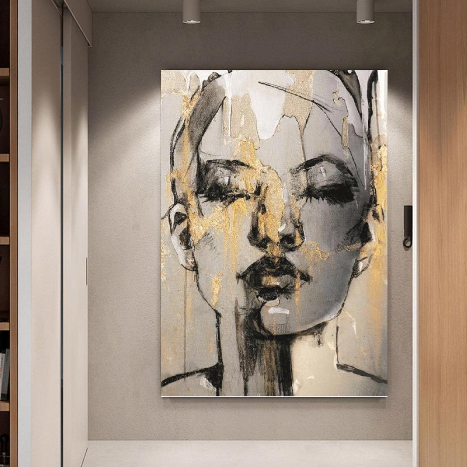 Pintura de arte moderno, lienzo negro con retrato de belleza, impresión en lienzo para sala de estar, marco negro, decoración de pared, 31 x 57