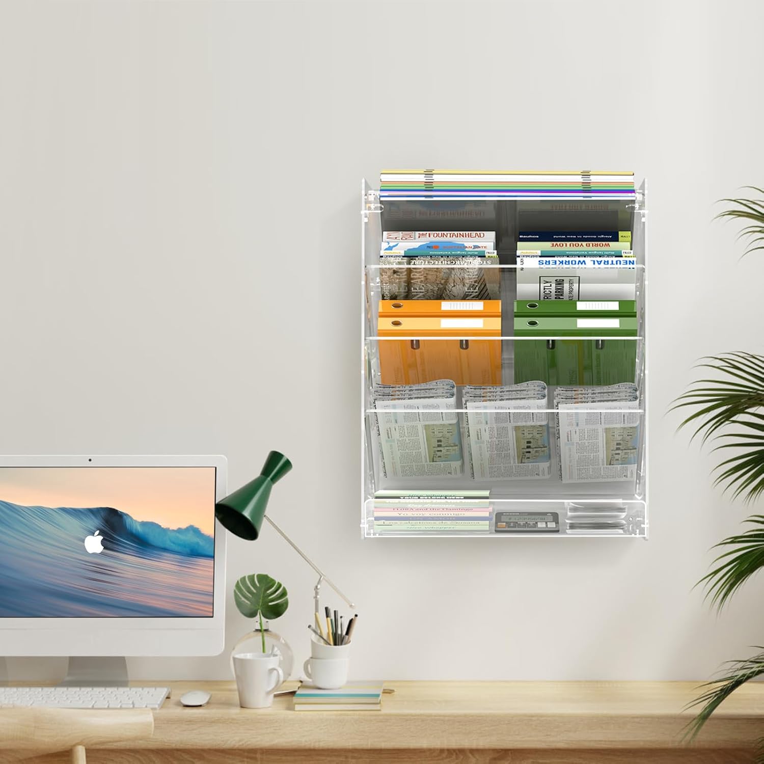 MaxGear Organizador de archivos de pared colgante, soporte de archivo de pared de acrílico transparente de 5 niveles, organizador vertical de correo