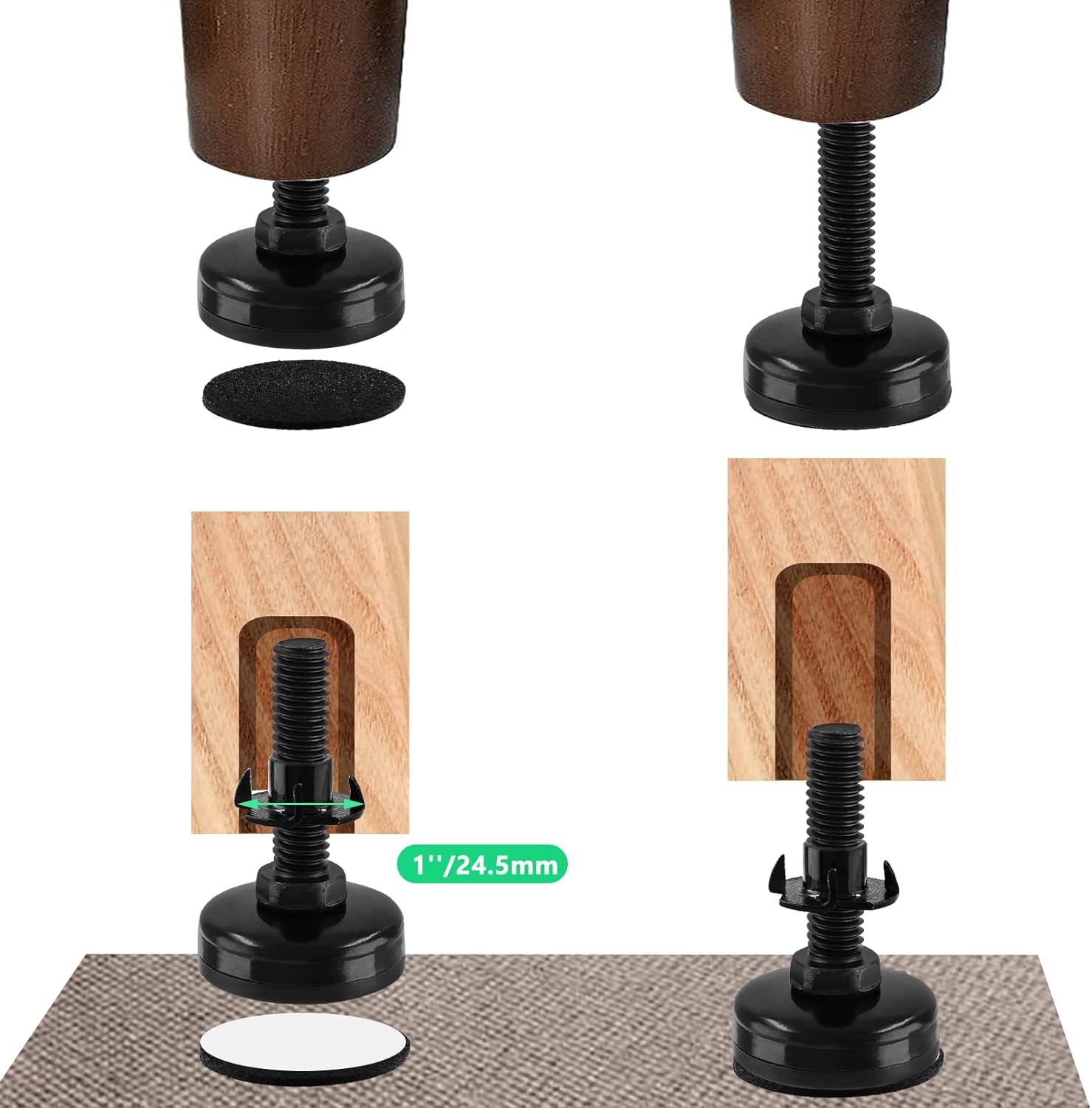 4 niveladores de muebles, patas ajustables de 38 pulgadas, patas niveladoras negras resistentes, pies autonivelantes, patas de muebles para