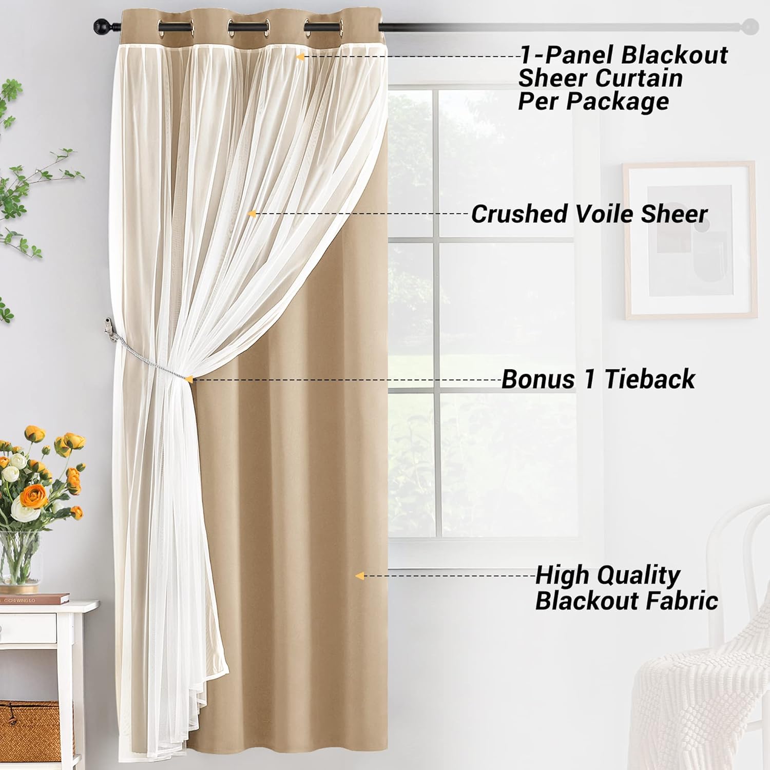Kinryb Cortinas opacas con superposición transparente, diseño de dos capas, aislamiento térmico y protección de privacidad, cortinas para sala de