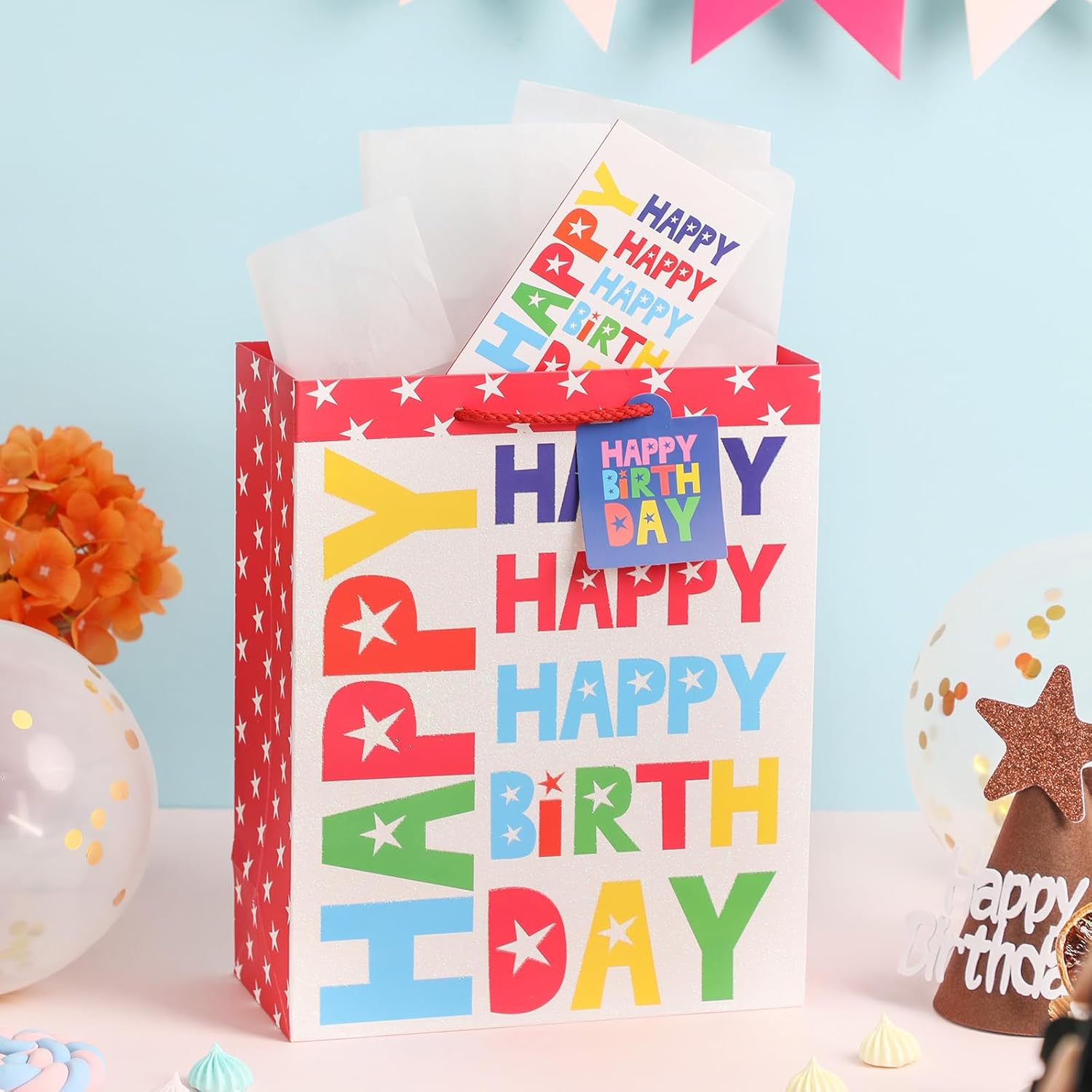 Fu HeaLer Bolsa de regalo de cumpleaños, bolsas de cumpleaños grandes de 13 pulgadas con tarjeta y papel de seda para fiesta de cumpleaños, 1