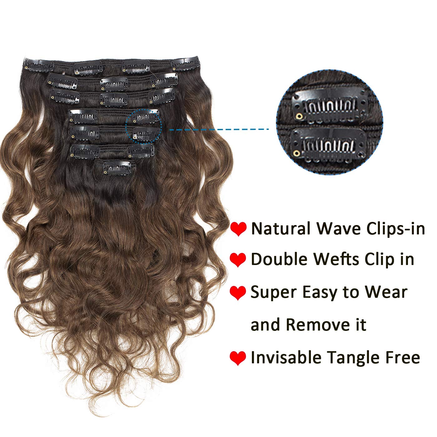 Anrosa Extensiones de cabello humano Remy ondulado natural de 18 pulgadas, color negro natural #1B4, color negro natural en marrón oscuro #4, 4.23