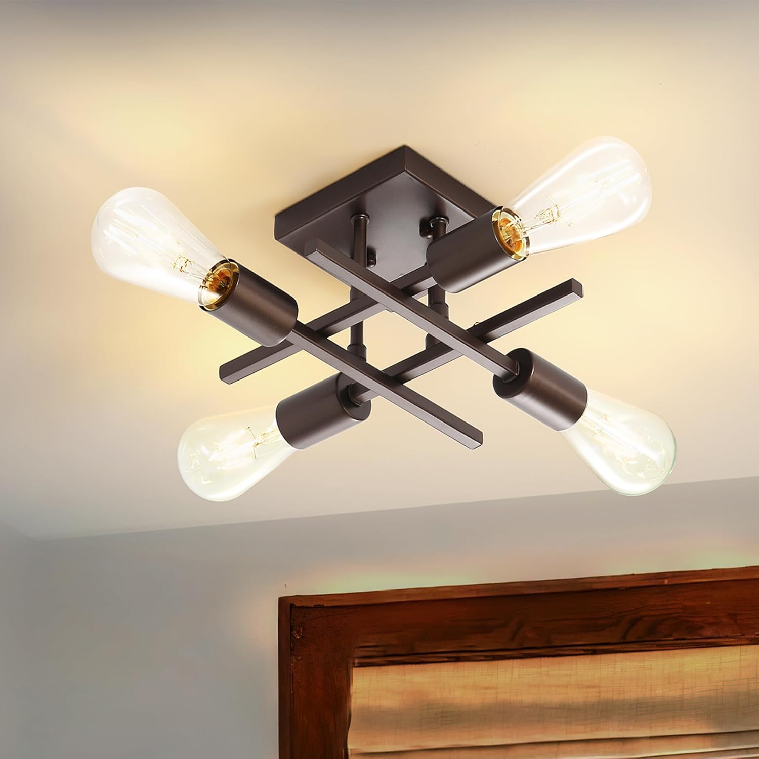 Lámparas industriales de techo semiempotradas de 4 luces, lámpara de araña de bronce aceitado de granja, moderna base E26 Sputnik lámparas de techo