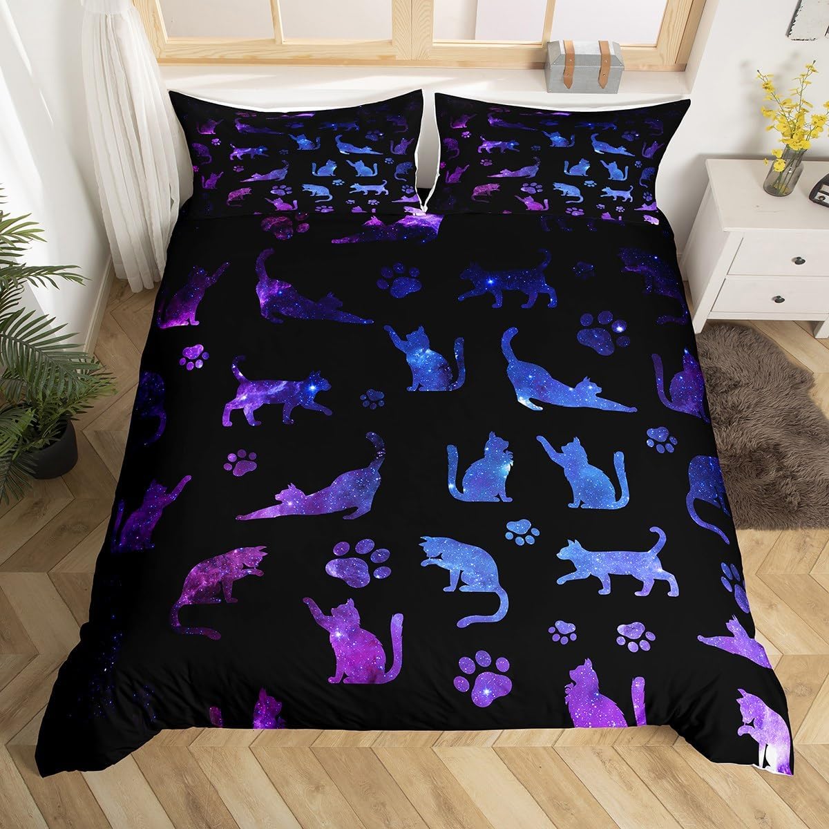 Erosebridal Juego de funda de edredón de gatos, tamaño Queen, para niños, gatos, silueta de dibujos animados, morado, azul, reversible, negro,