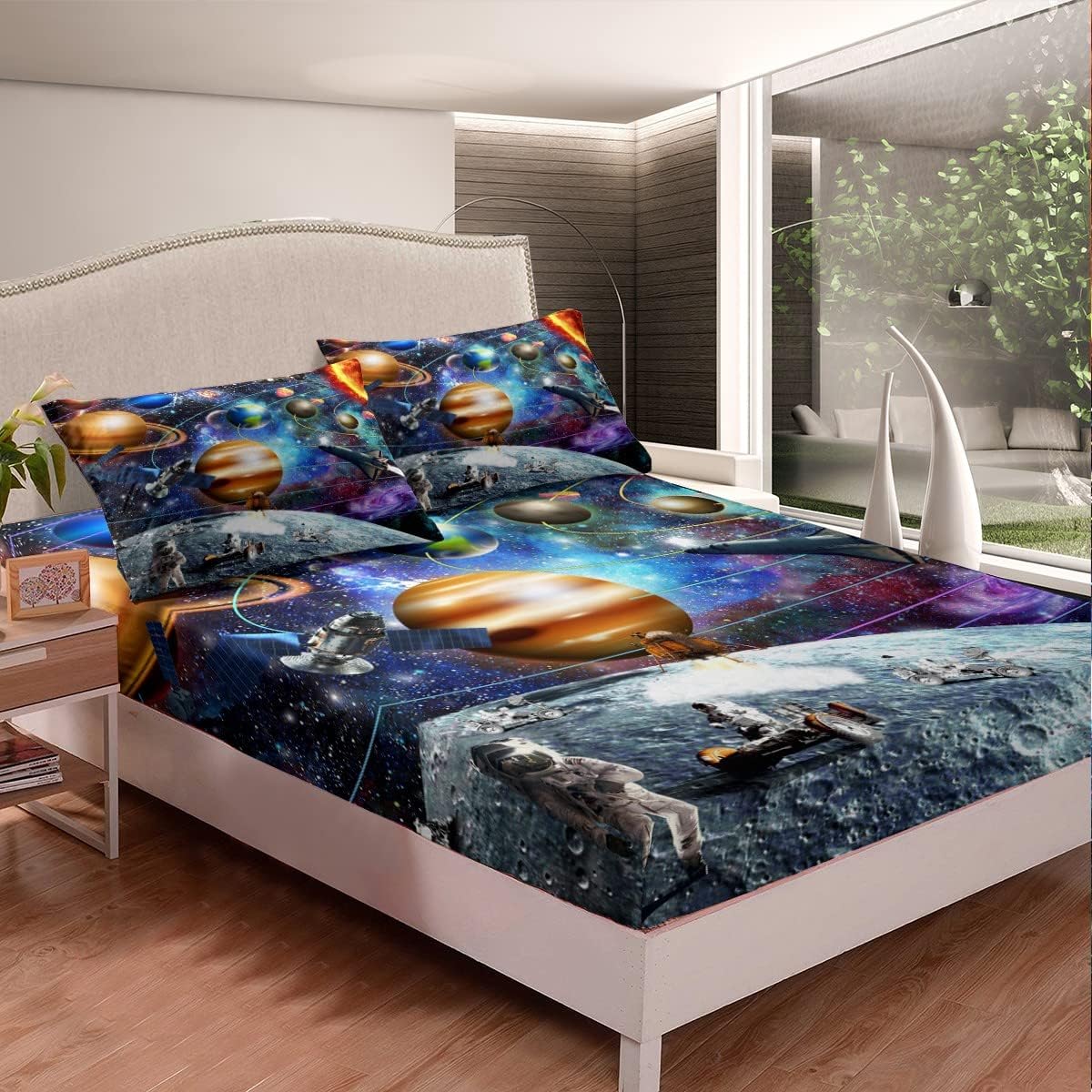Juego de sábanas bajeras de planeta Tierra con sistema solar para niños, tamaño matrimonial, juego de sábanas de universo, astronauta del zodiaco,