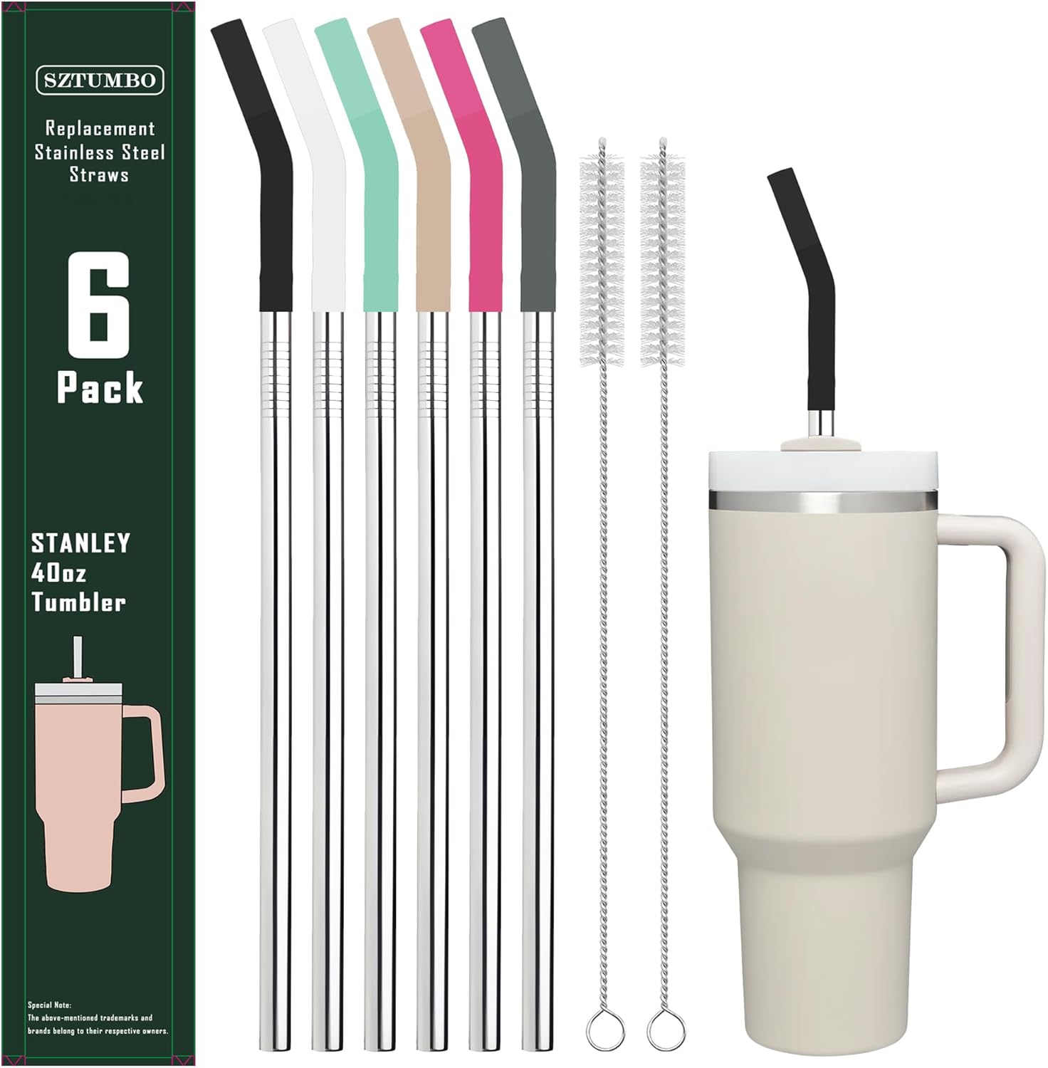 Sztumbo Paquete de 6 popotes rectos de acero inoxidable reutilizables de 12 pulgadas, con 6 puntas de silicona y 2 cepillos de limpieza para vaso