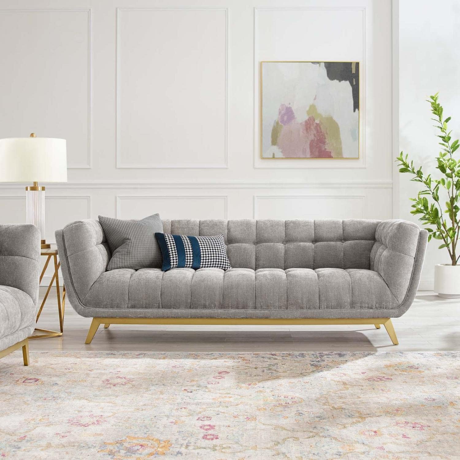 Modway Bestow – Sofá capitoné de terciopelo de rendimiento, gris claro