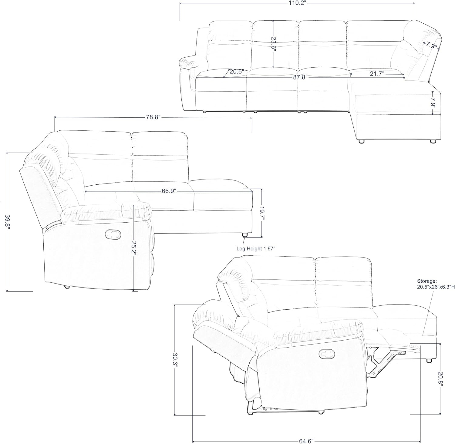 Moderno sofá seccional reclinable manual de piel sintética, 2 portavasos y otomana Sorage, esquina en forma de L de poliuretano 5 sofás para sala de