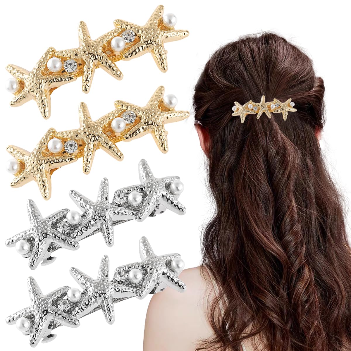 4 pasadores de pelo de estrella de mar para mujeres y niñas, pinzas para el cabello con perlas de resorte, accesorios para mujer, soportes de cola