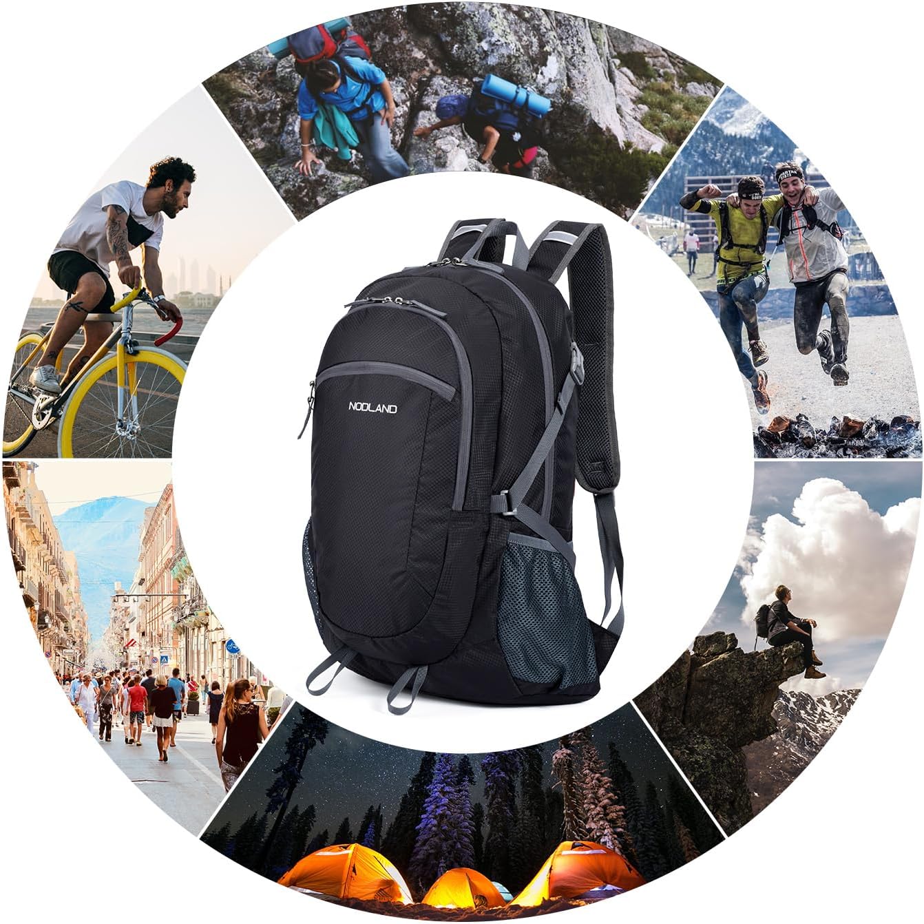 NODLAND – Mochila ligera y plegable para senderismo, 45L, resistente al agua, mochila de hidratación, Negro -, Mochilas Daypack