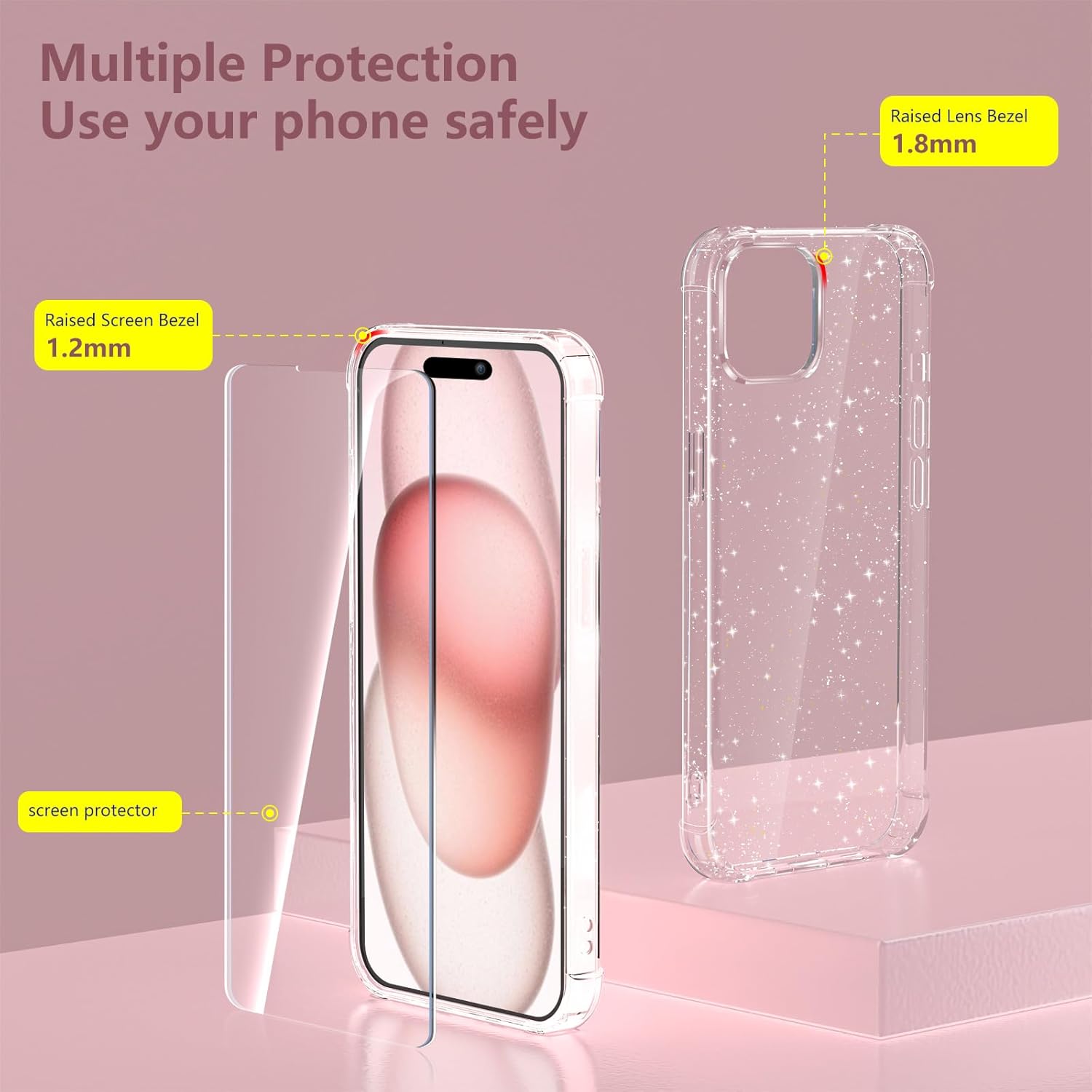 KSWOUS Funda para iPhone 15 con purpurina con 2 protectores de pantalla + 2 protectores de lente de cámara, funda transparente brillante para
