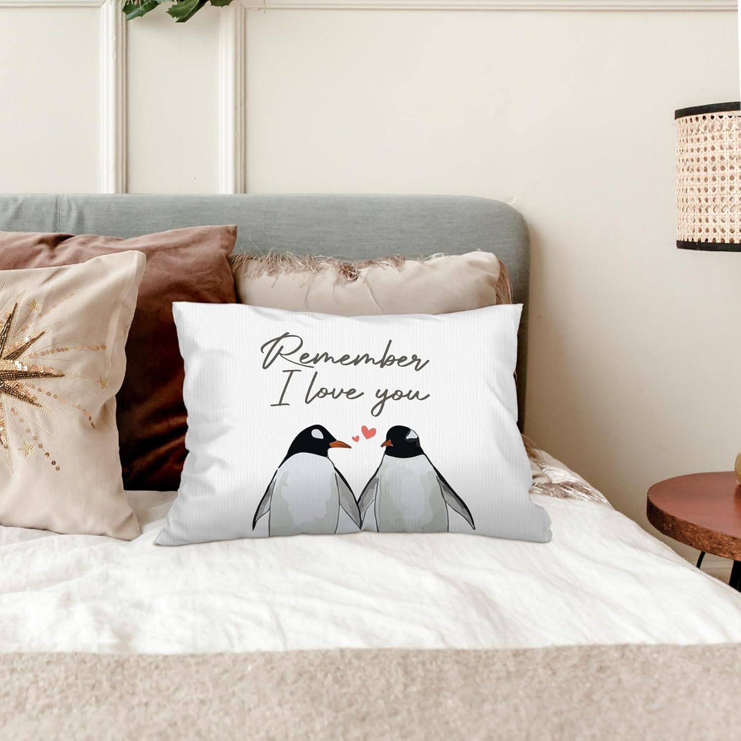 Fundas de almohada decorativas de pingüinos de 12 x 20 pulgadas, regalos de amor para ella, funda de almohada decorativa de pingüino para el hogar,