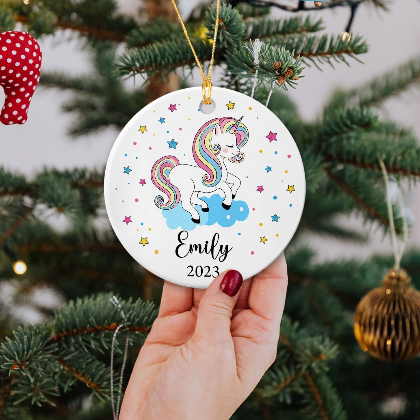 Adorno de cerámica de unicornio personalizado para niños, adorno de Navidad 2023, adorno de unicornio para bebé, adorno de Navidad de unicornio para
